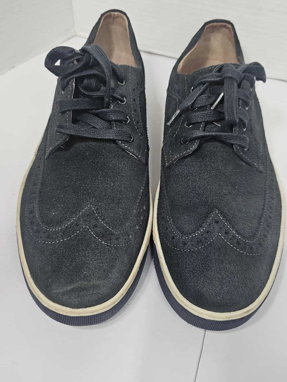 Men's Blue Suede Wingtip Derby Shoes - Casual Lace-Up Sz 10 Academy Preppy